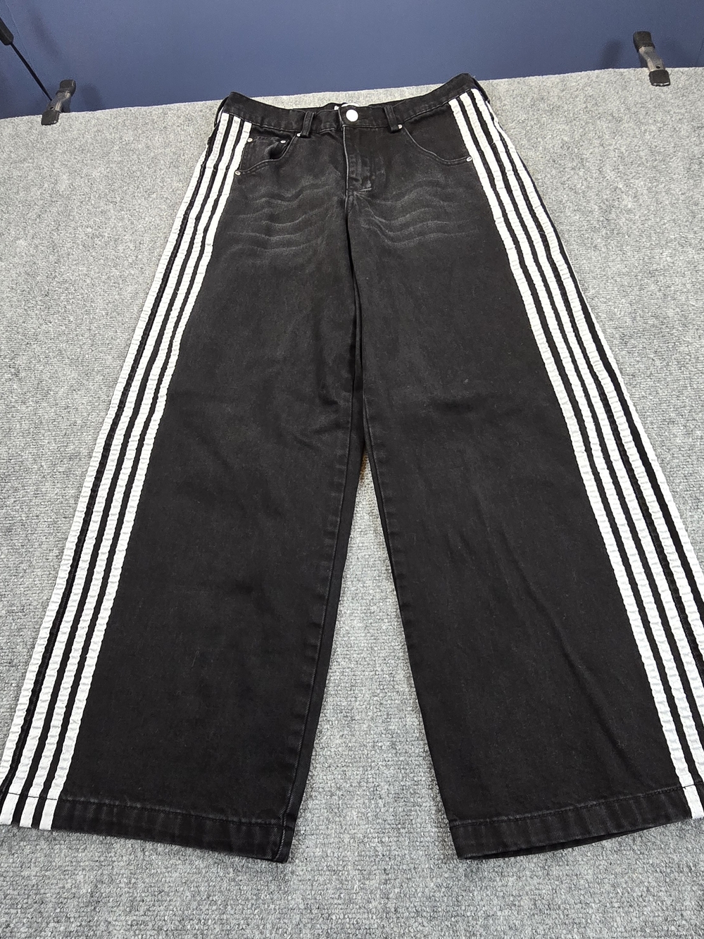 Heaven Can Wait Track Jeans XS Black White Side Stripe Wide Leg Denim Pants